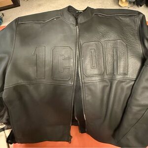 ICON Black Leather Bomber Jacket with Embossed Logo